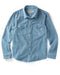 Blue blanket shirt with button details on a white background